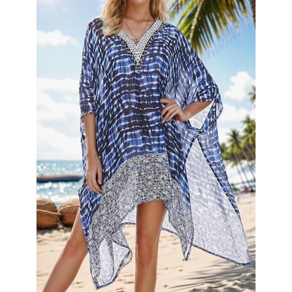 Rod Beattie Chiffon Caftan Swim Cover Up M/L Boho‎ Seashell Beach Pool